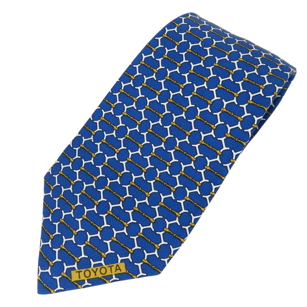 Used Hermes Tie Toyota Limited Edition Horse Tack Bit Motif Silk Blue White Gold