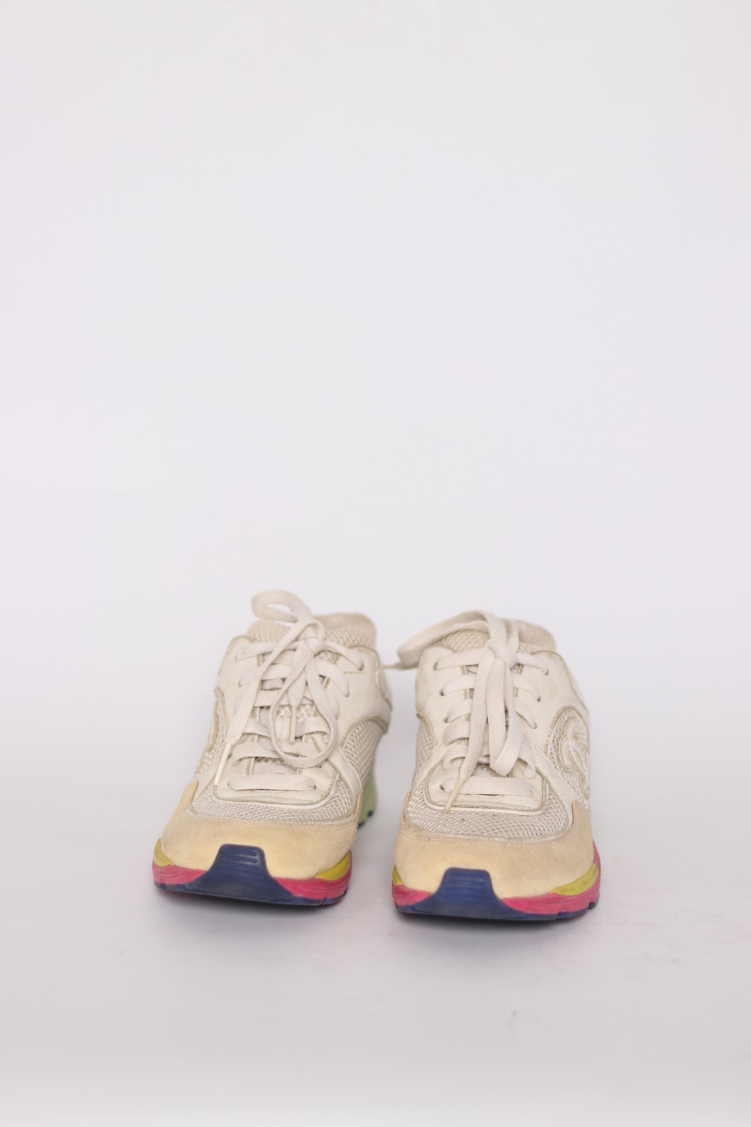 Chanel White Mesh And Leather CC Lace Up Sneakers Size 37.5