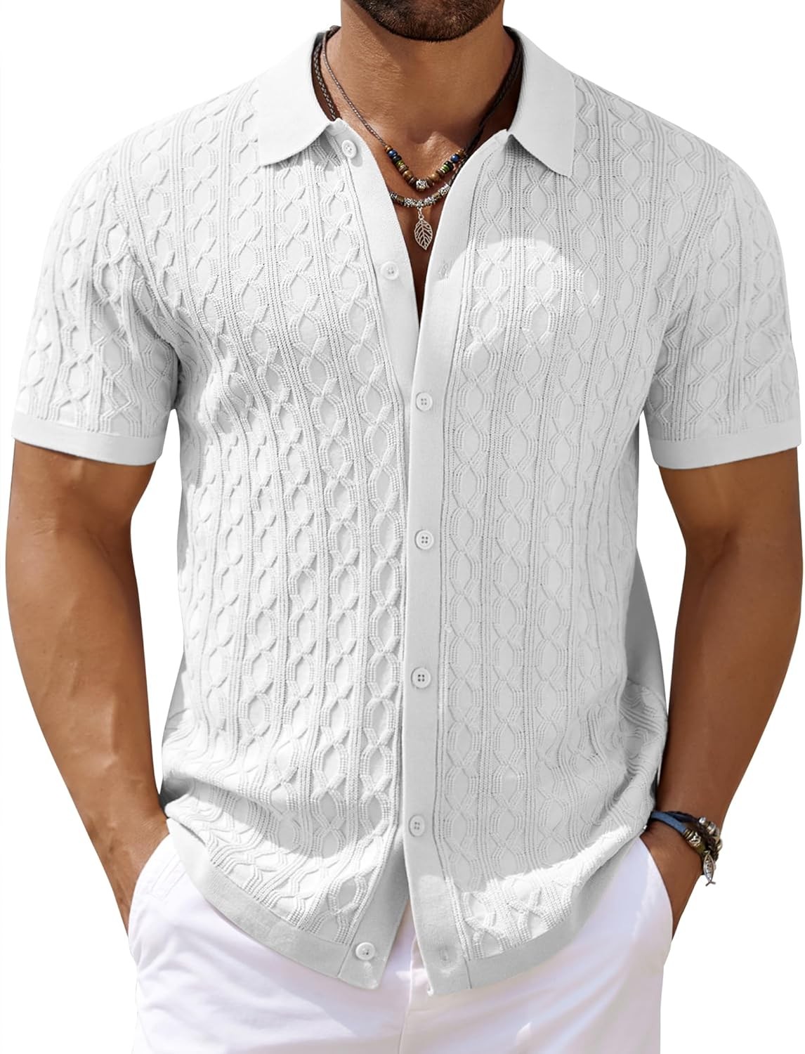 Men’s Knit Short Sleeve Shirts Button Down Vintage Knitted Polo Shirt