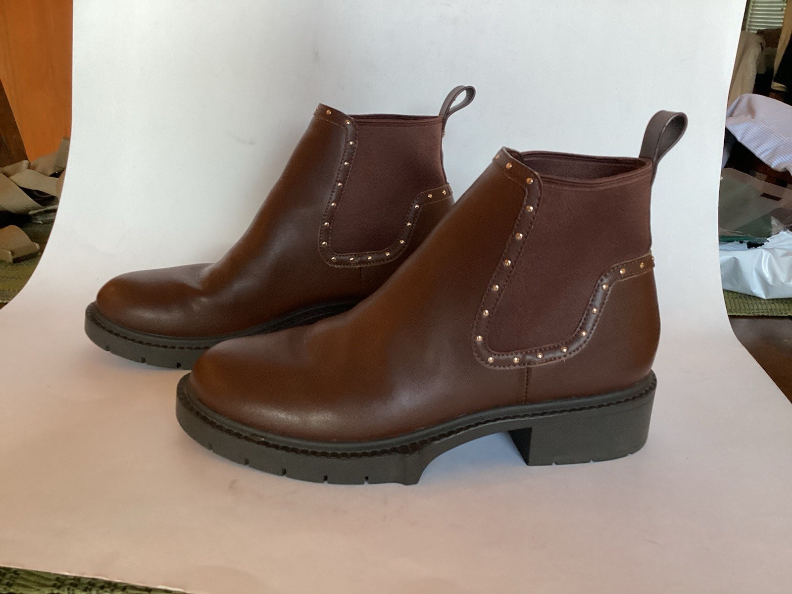Coach Lory Leather Brown Studded Chunky Ankle Boots WORN ONCE Retail $250 Size 7