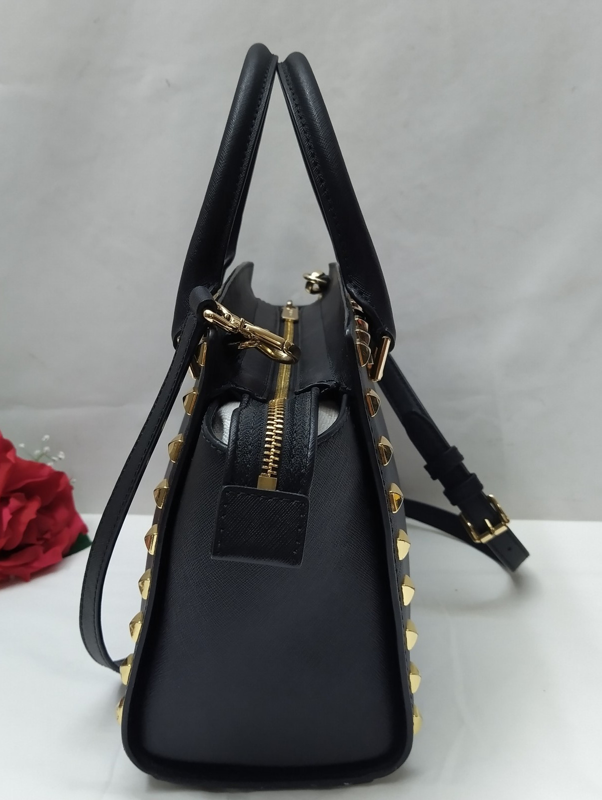 Michael Kors Black Leather Studded Double Handles Satchel Bag