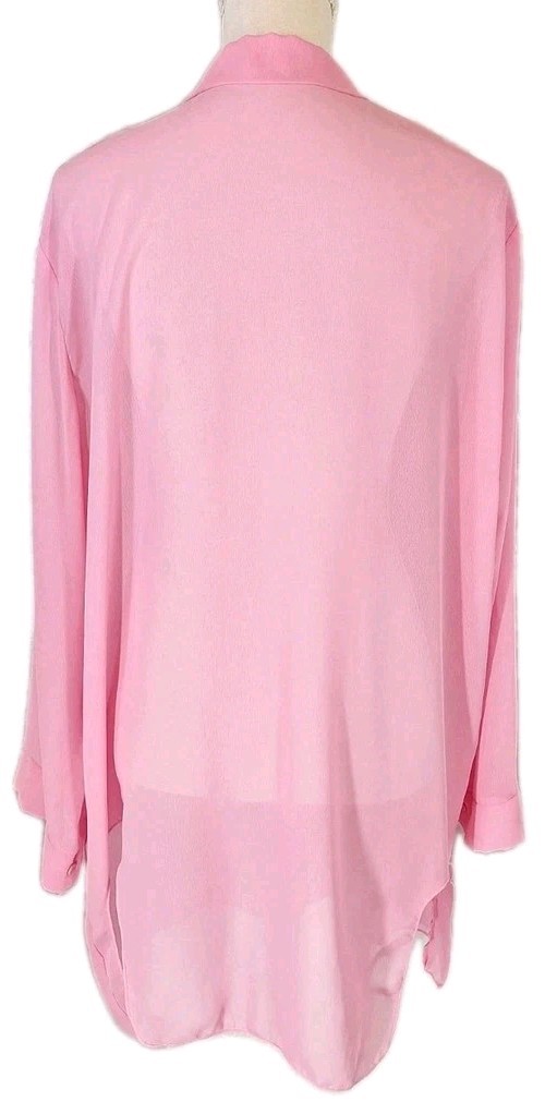 Sheer Transparent Chiffon Cover-Up Blouse Collared Button Front Shirt SzL Pink