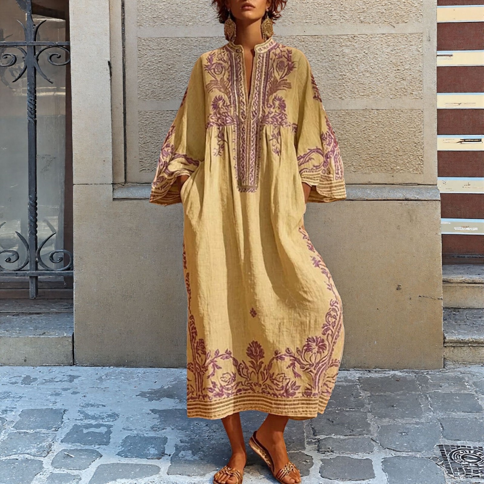 2026 Boho Floral Print V Neck Maxi Dress Summer Casual Long Beach