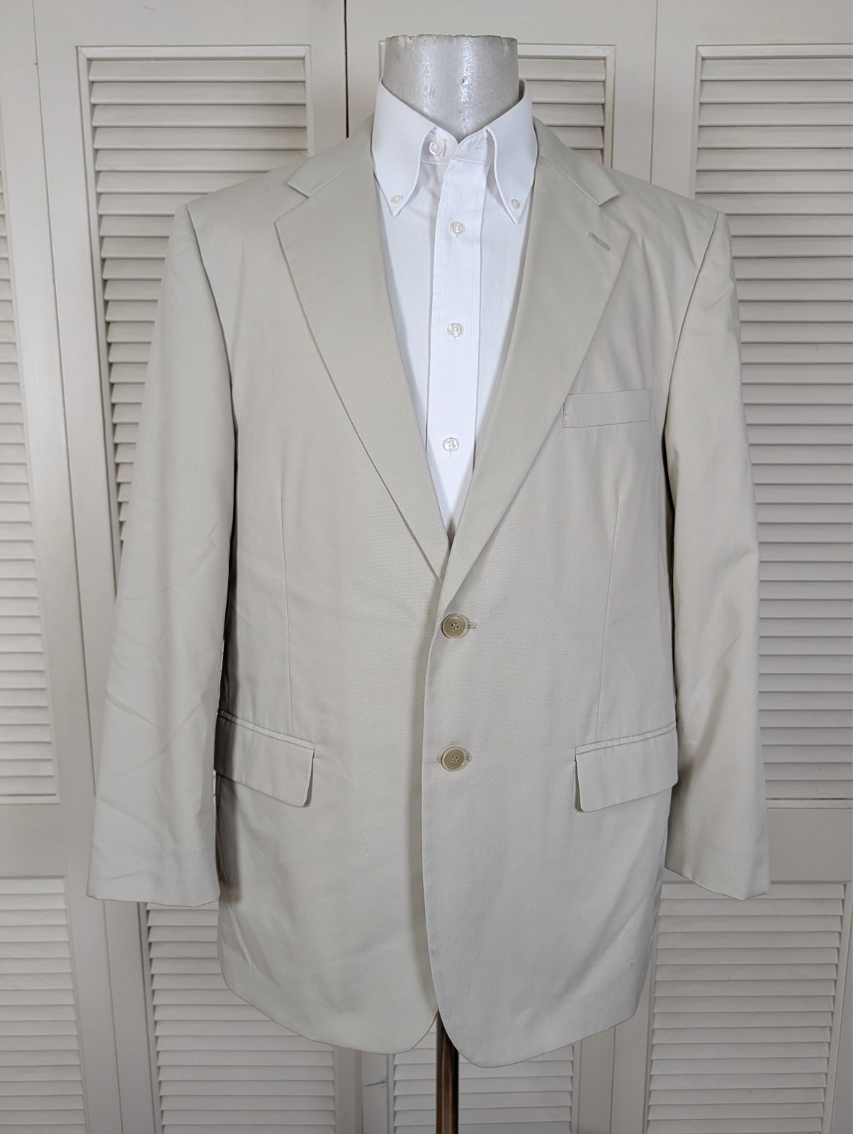 Haspel Perfect Poplin 2 Piece Suit Mens 44R Pants 32×33 Solid Beige Cream Cotton