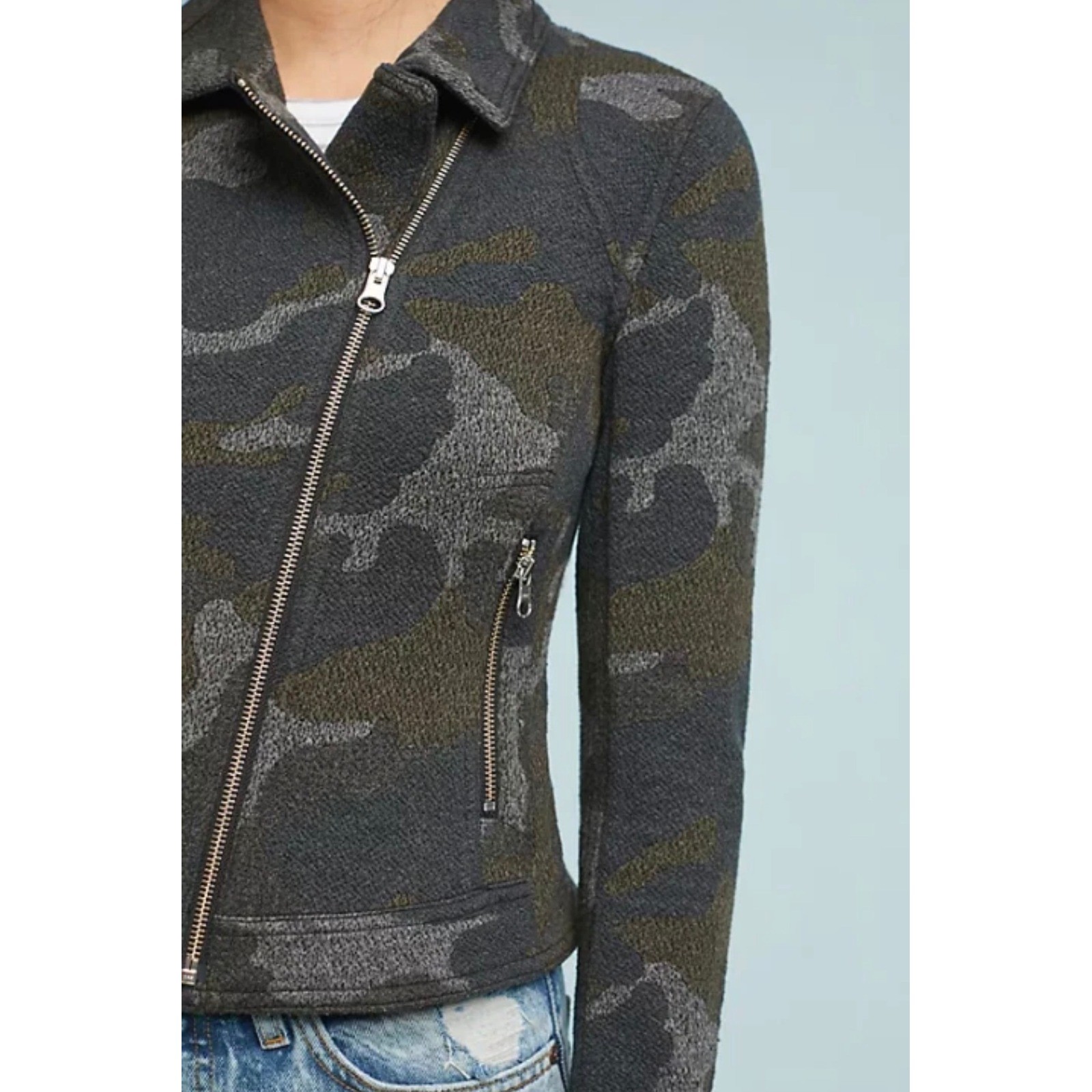 Anthropologie Robin Camo Moto Jacket Women Medium Green Grey Knit Asymmetric Zip