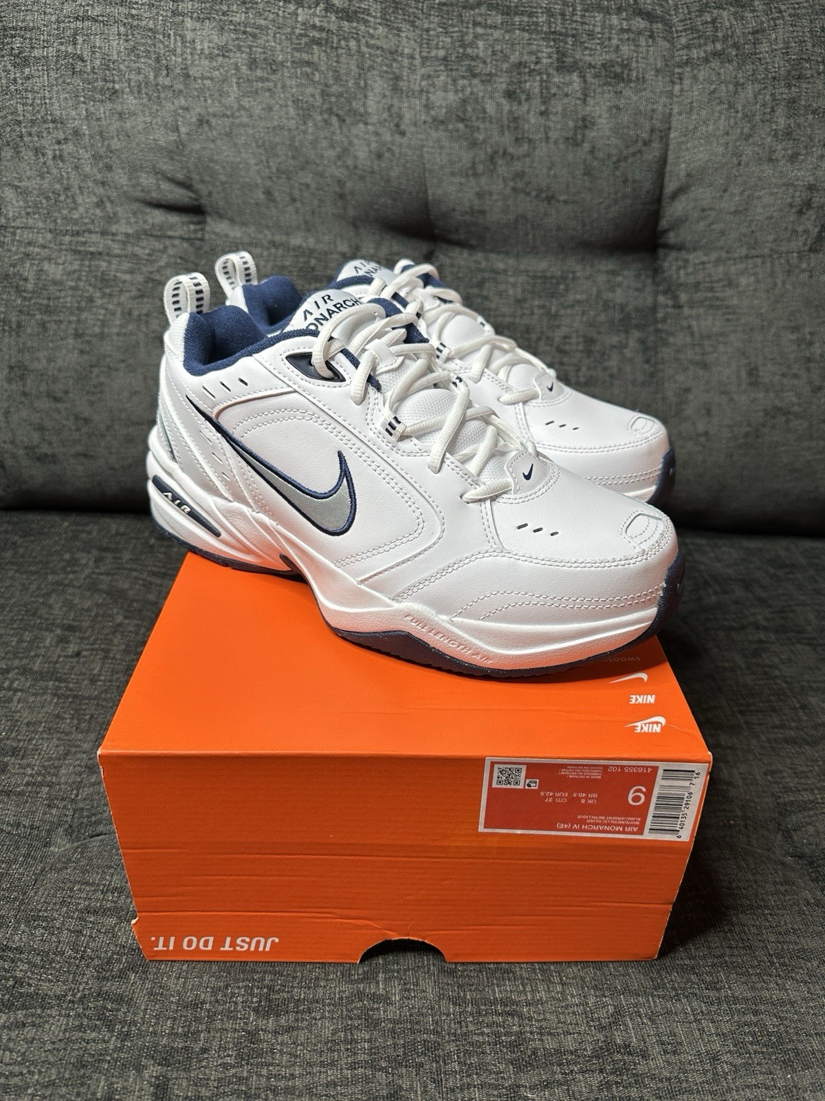 Nike Air Monarch IV 4E White Navy Mens 9 Wide Training Shoe 4E 416355-102 New