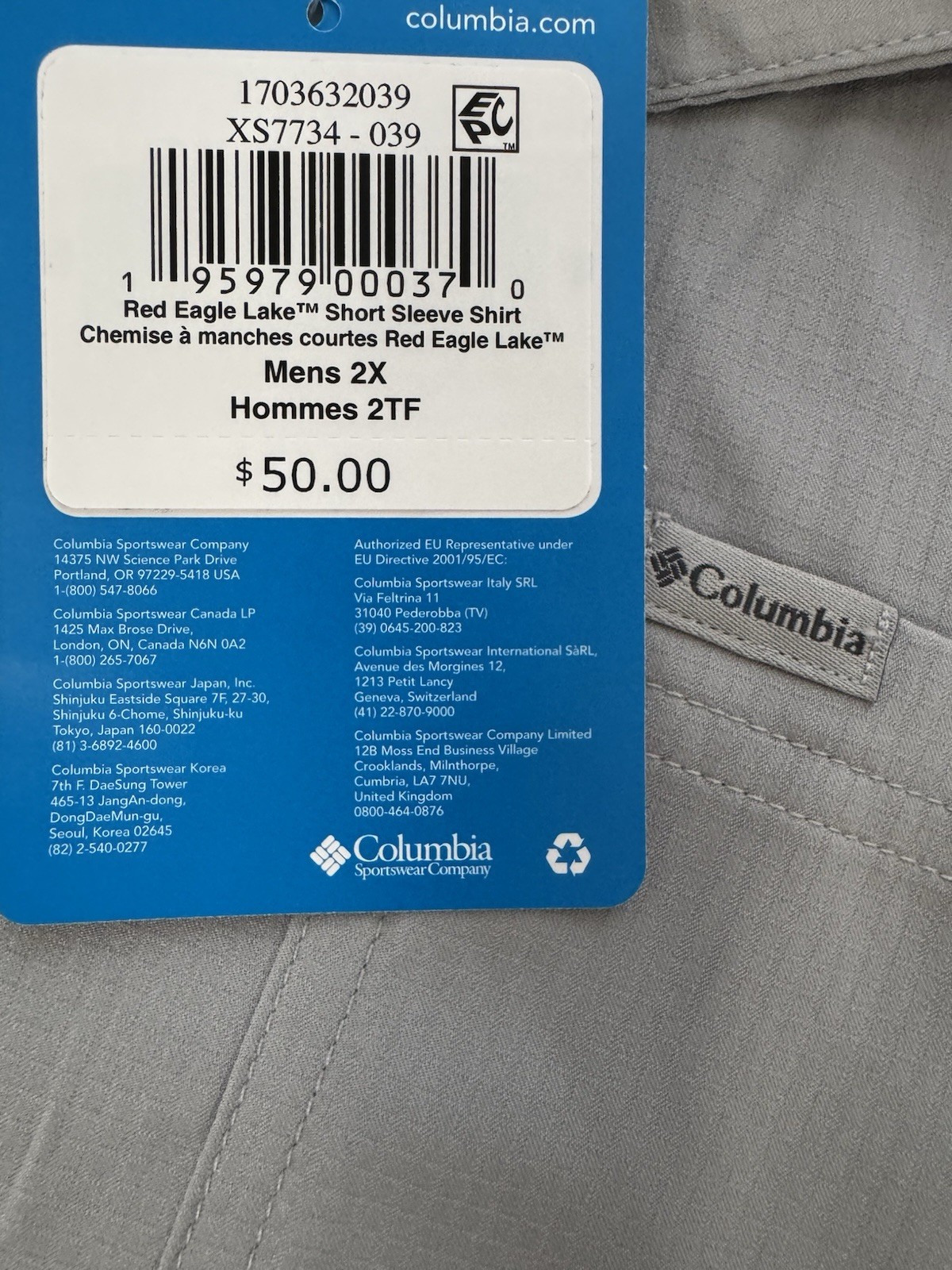 Columbia Mens Red Eagle Lake Short Sleeve Shirt Gray 2X UPF 40