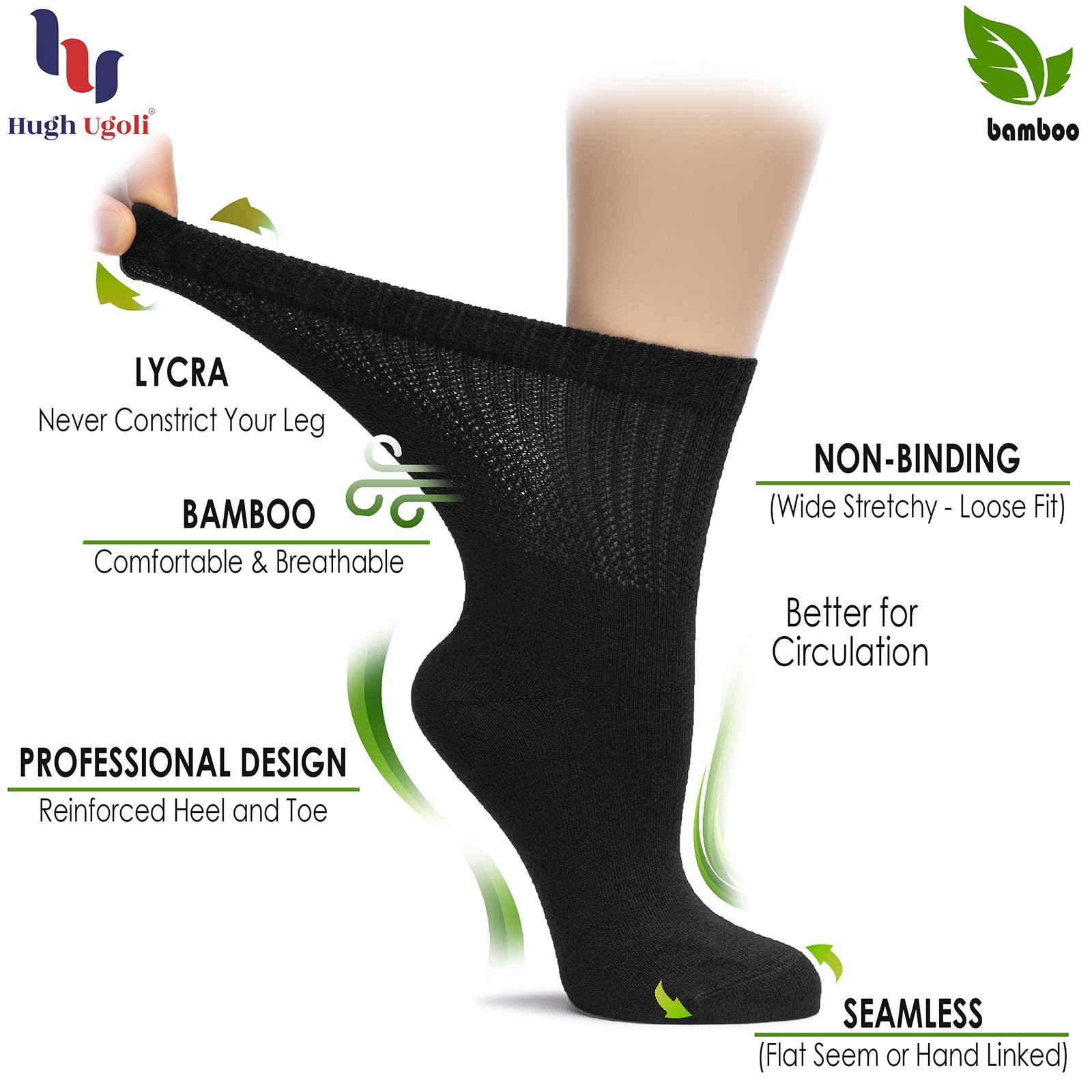 Women Bamboo Loose Fit Diabetic Crew Socks, Non-Binding, 6 Pairs, by Hugh Ugoli