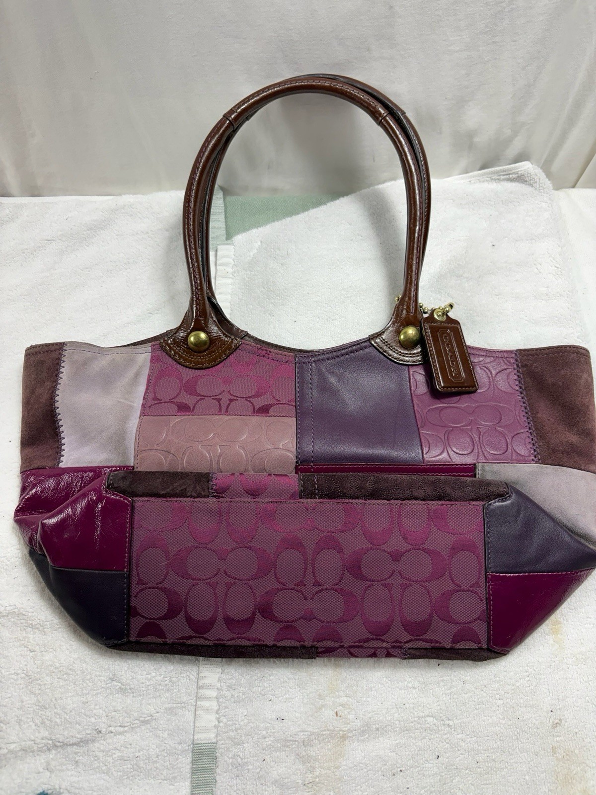 Coach Bleecker Purple Patchwork Tote Bag Leather Suede Signature Y2K F14045
