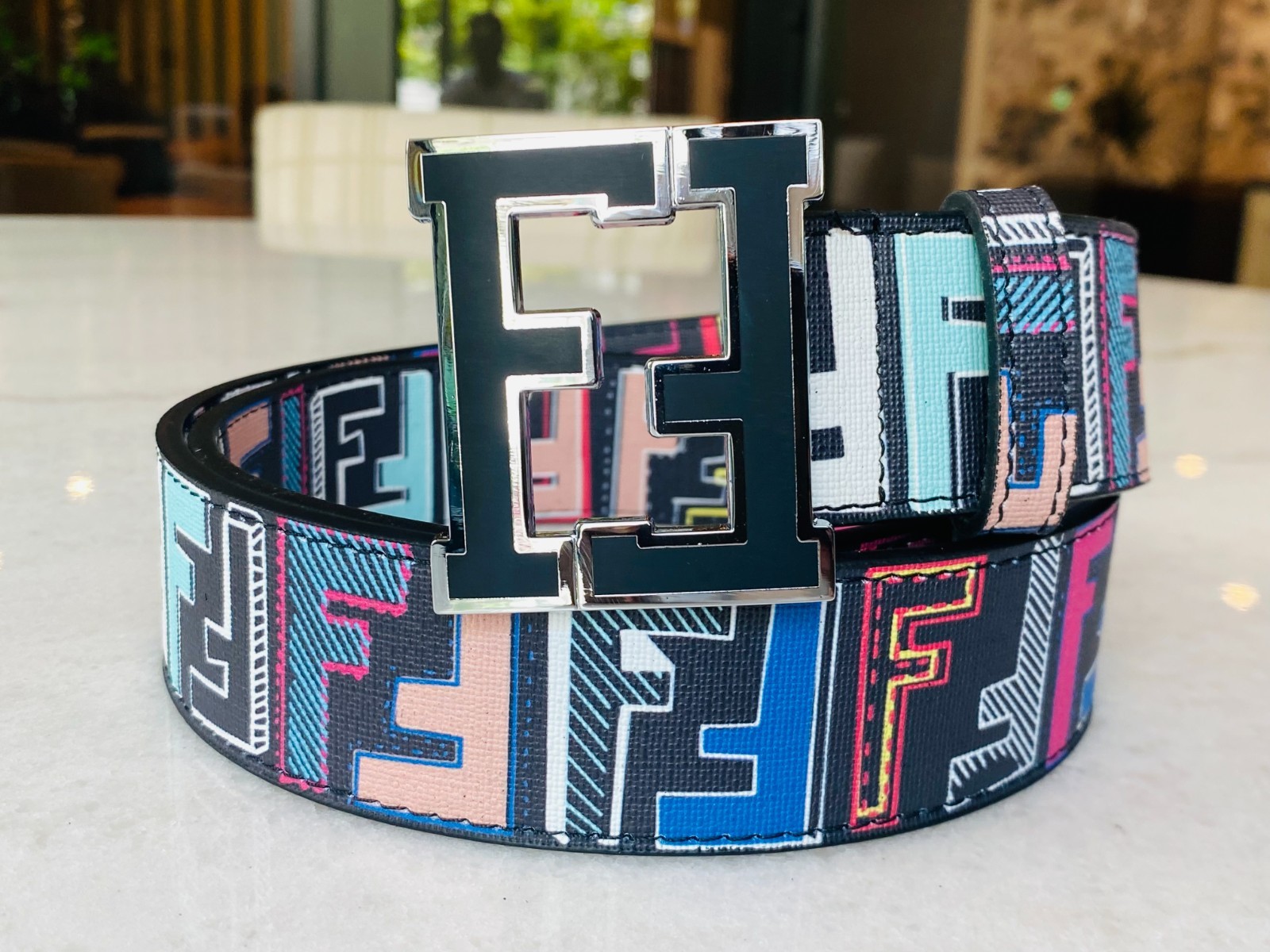 Fendi Belt Black Multicolor FF Monogram Strap FF Buckle size 32-36