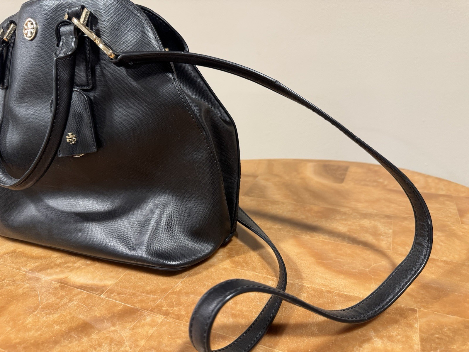 Tory Burch Small Black Saffiano Leather Top Handle Bag Dome Satchel Purse Gold
