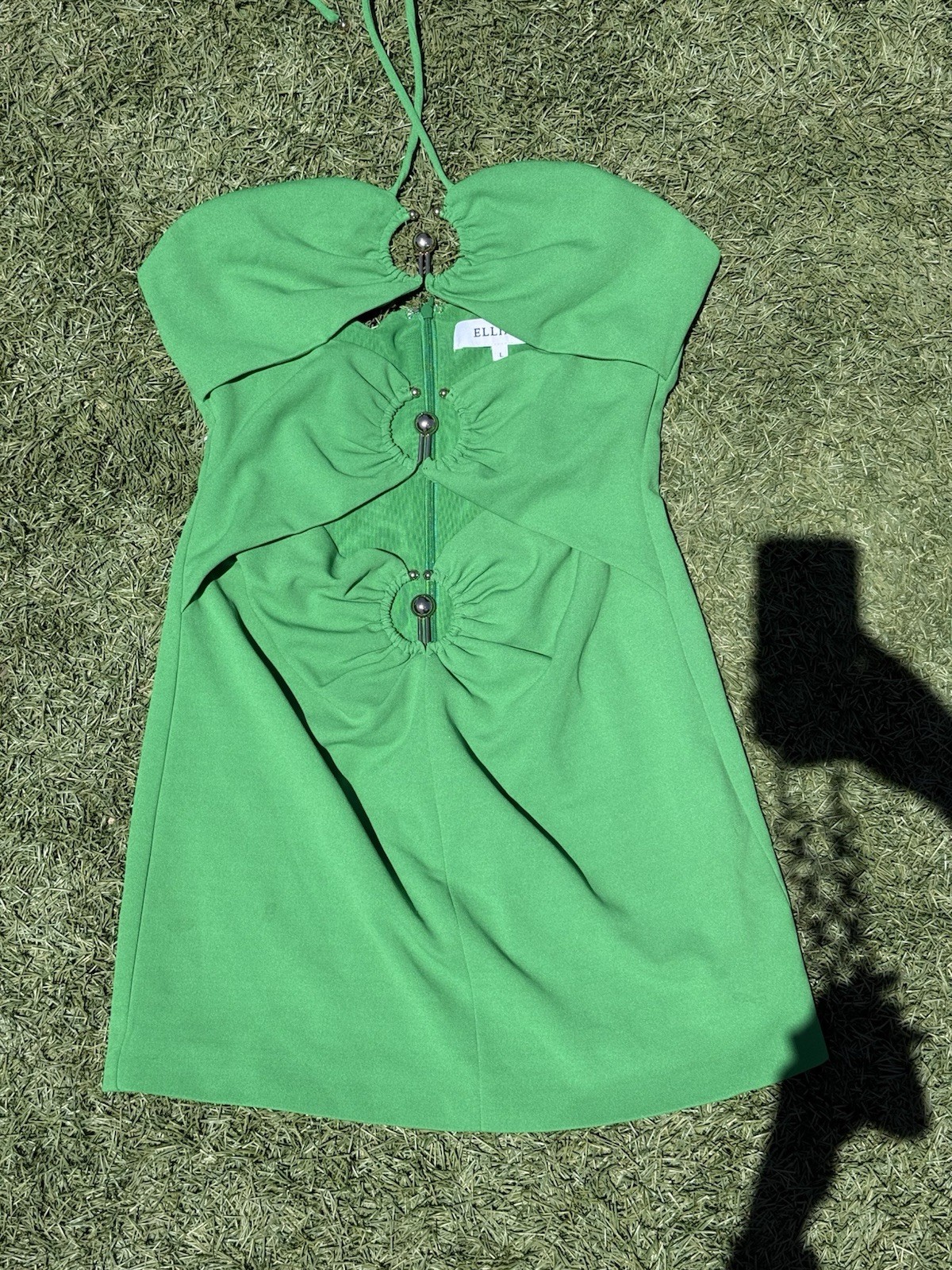 ELLIATT Green Solid Mini Dress L Sweetheart Strapless Ruffle Knit Zip Polyester