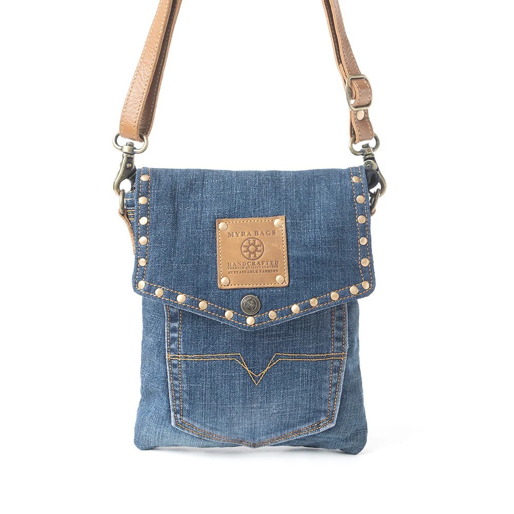 Dahlia Denim Small Crossbody Bag-Leather Adjustable Strap-Brass Studding-8″x9″