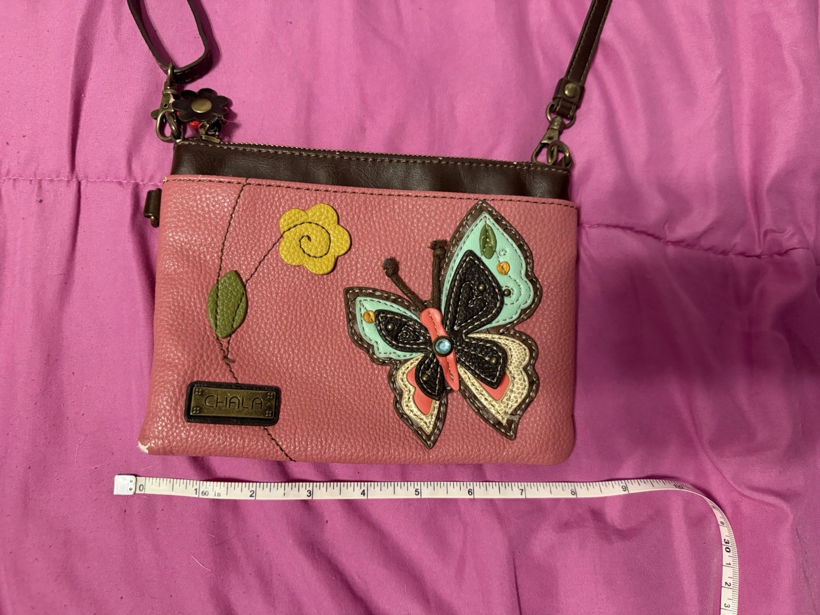 Chala Pink Butterfly Flower Accent Crossbody Bag Brown Strap Bronze Zipper Purse