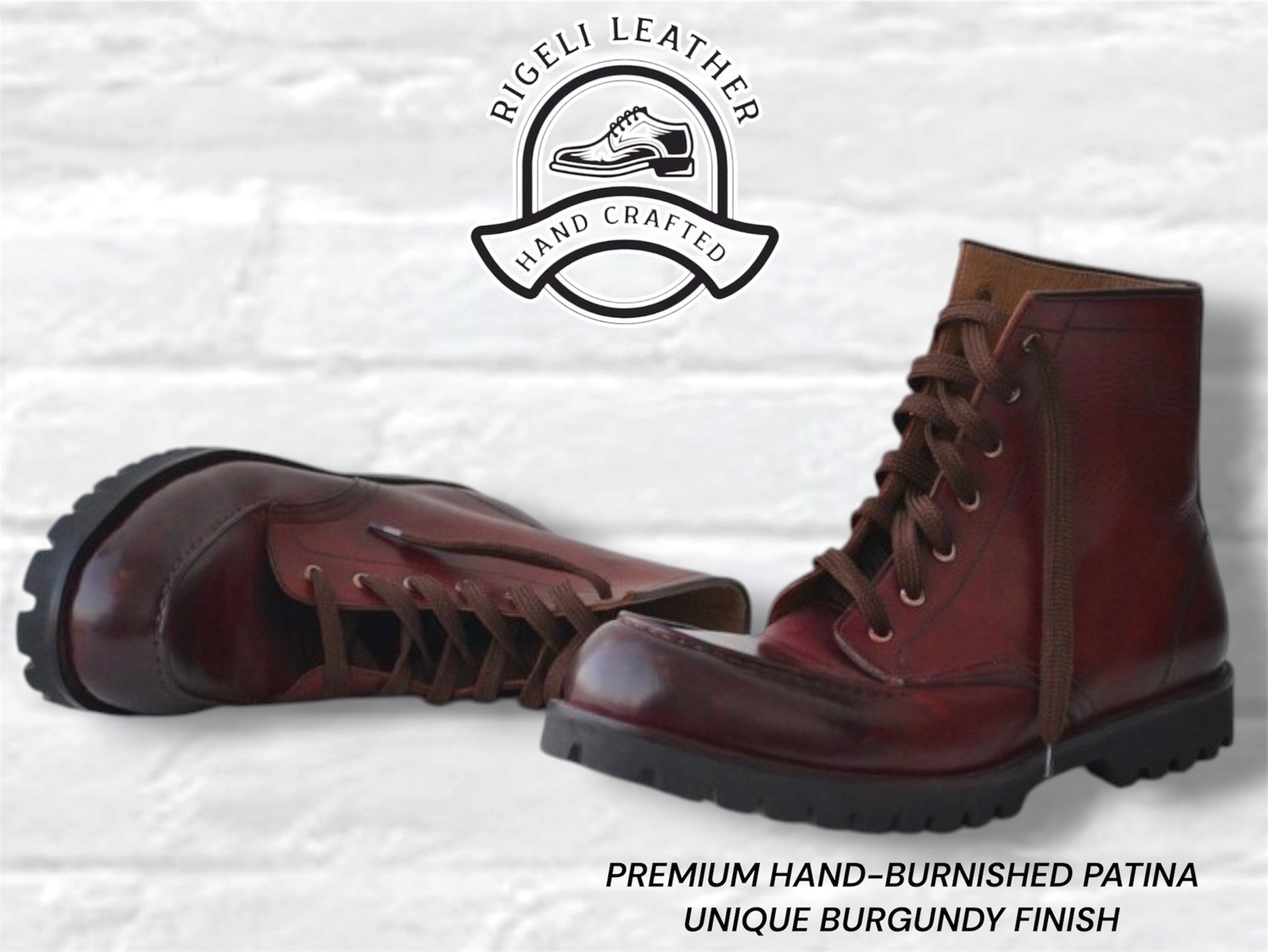 Handmade Burgundy Combat Boots Men Goodyear Welted Full Grain Leather Lug Sole