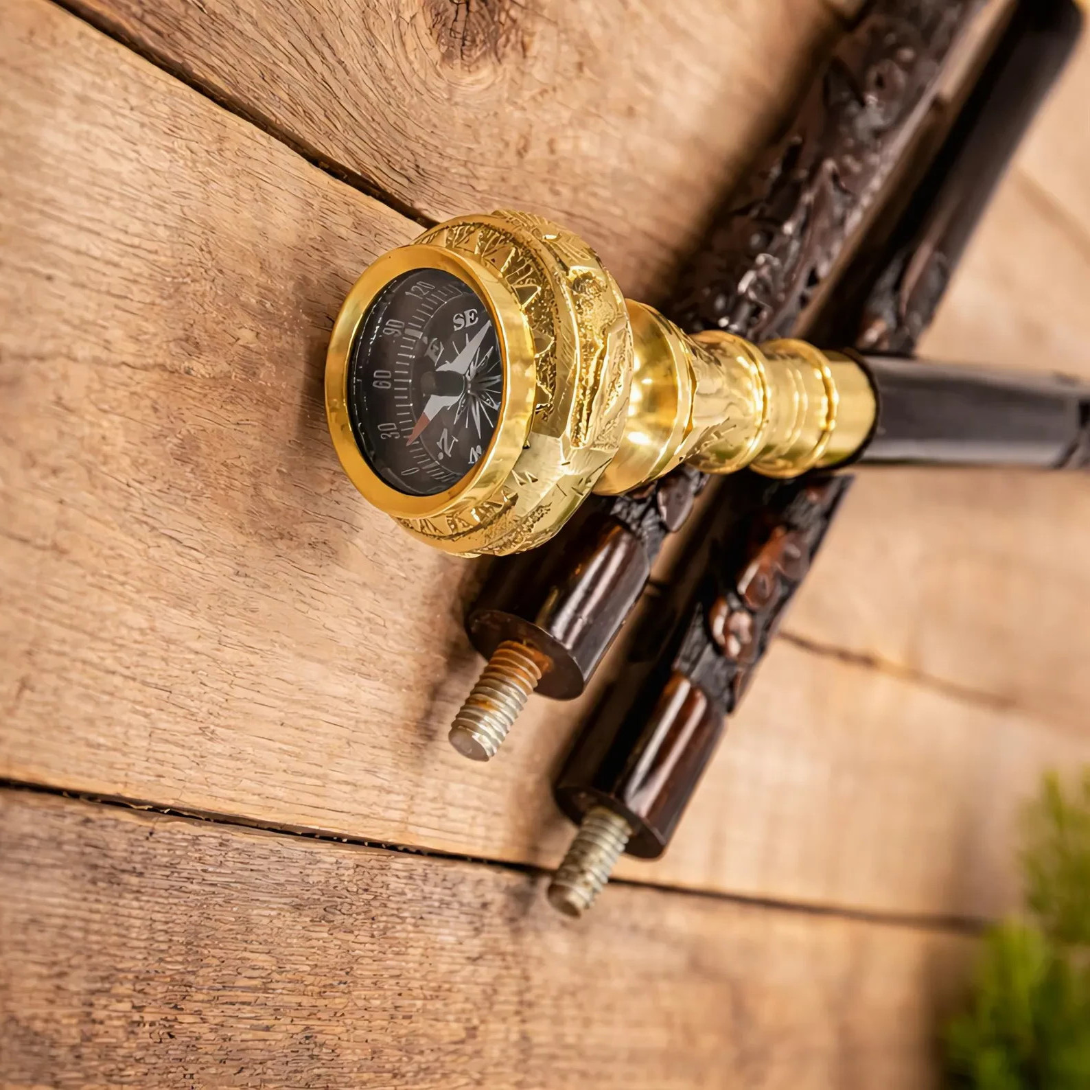 Hand Carved Floral Design Wooden Cane Vintage Brass Compass Handle Walking Stick