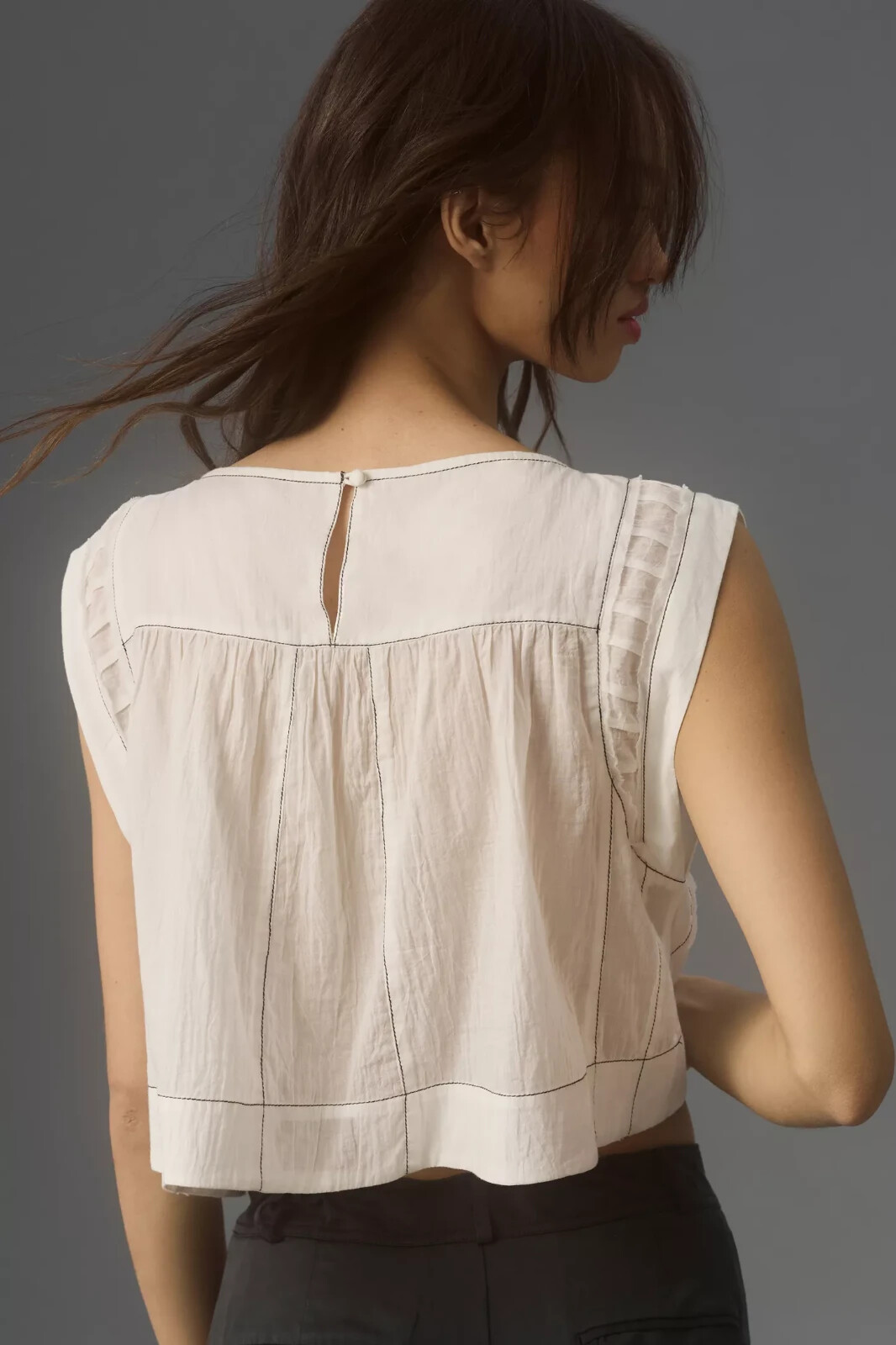 Anthropologie Cap-Sleeve Babydoll Blouse M 8 Sheer White Cotton Crop Top 44597