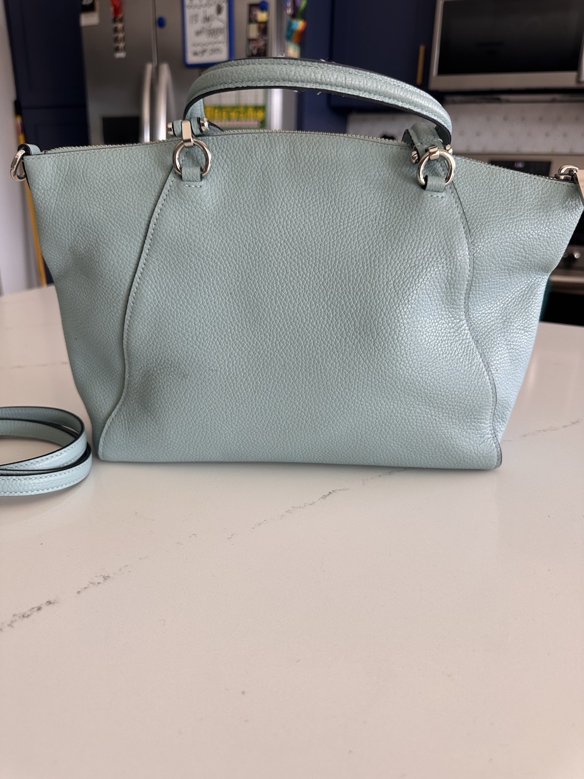 Coach Light Blue Pebbled Satchel Top Handle Bag, Zip Closure, Detachable Strap
