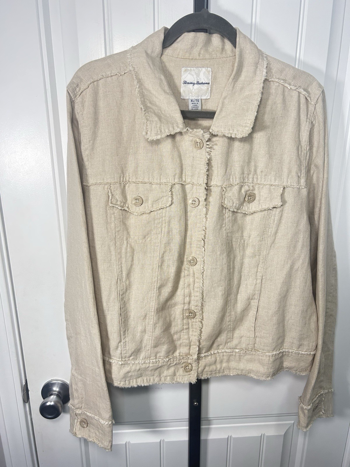 Tommy Bahama Women’s XL Linen Jacket Beige Natural Raw Edge Fringe Utility