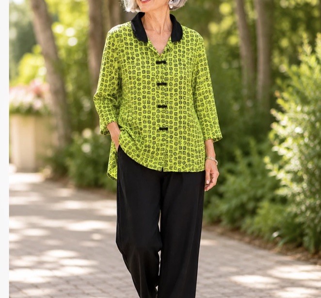 Ali Miles Lime Green Black Top S Geometric Wire Collar Toggle Button Artsy New