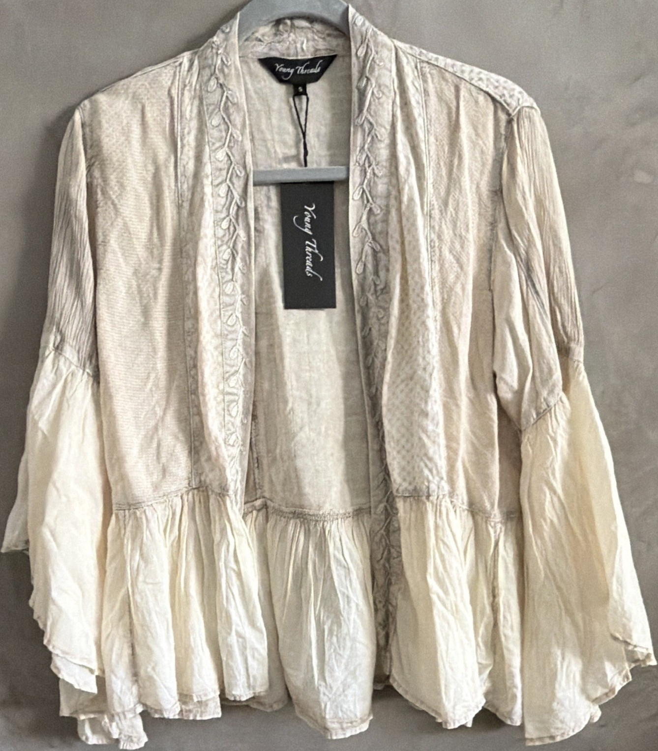 Young Threads Latte Open Front Embroidered Bell Sleeve Blouse Top S TP45304