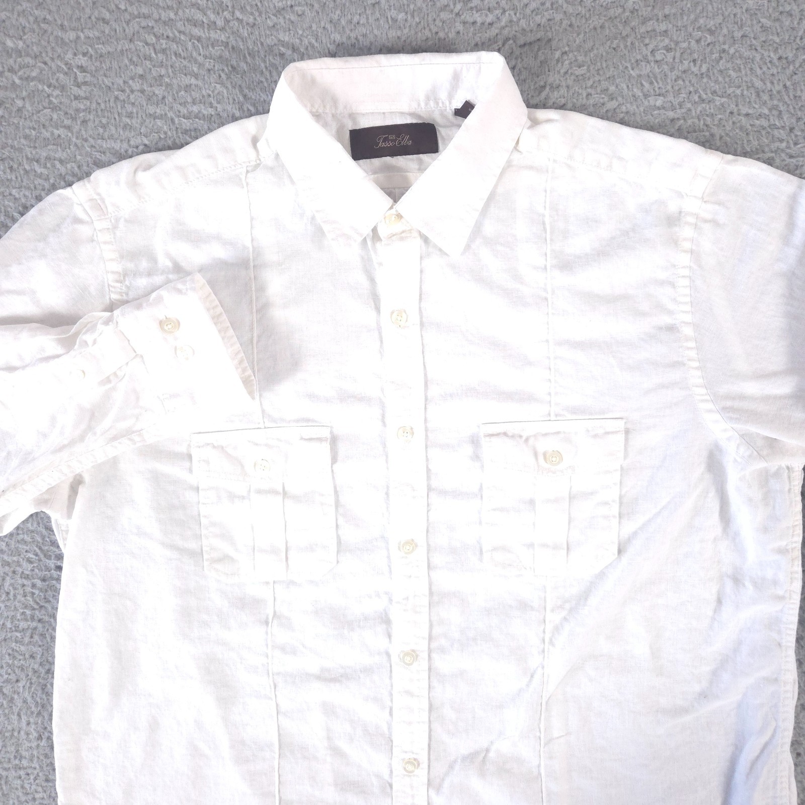 Tasso Elba Shirt Men Large White Linen Button Up Roll Tab Sleeve Casual Office