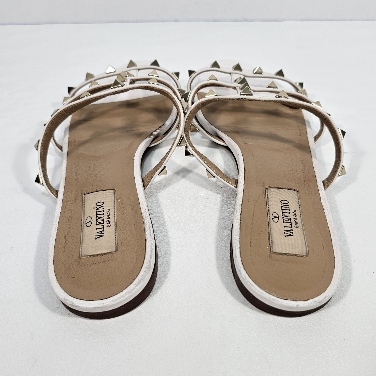 Valentino Garavani Rockstud White Leather Flat Slide Sandals Sz 38.5 US 8.5
