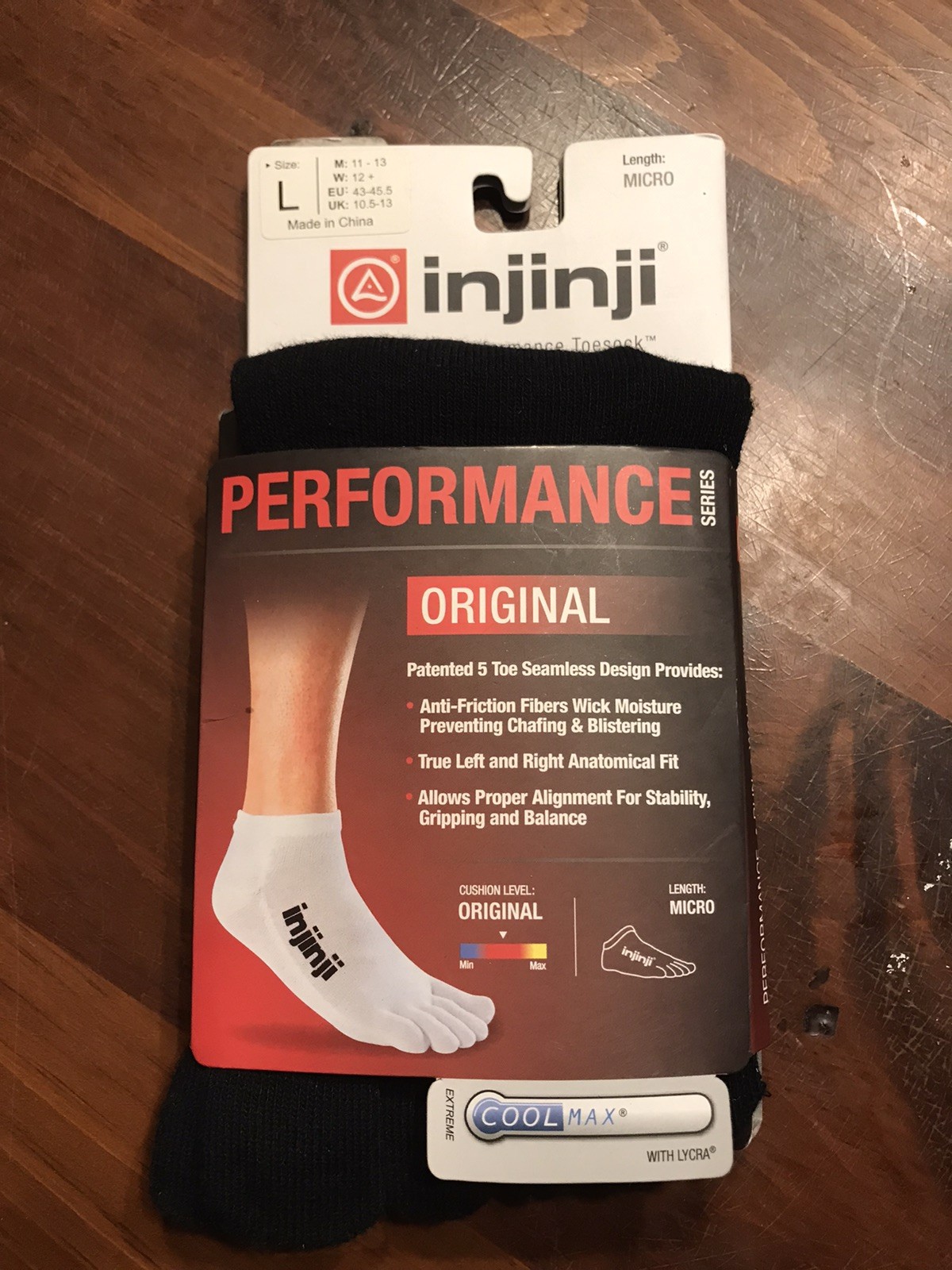 INJINJI Toe Socks Micro Length Large (M 11-13) (W 12+) Black Performance Coolmax