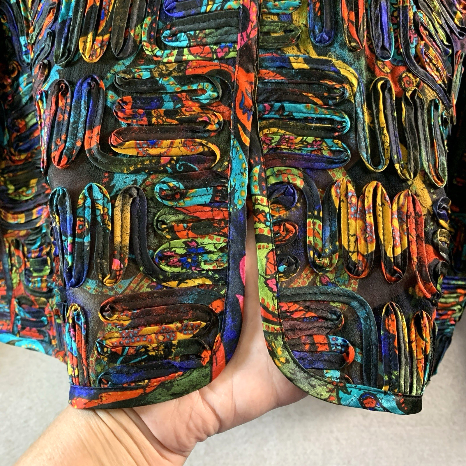 Womens Semi Sheer 100% Silk Top Layer Sz L Colorful Artsian Boho Statement Event