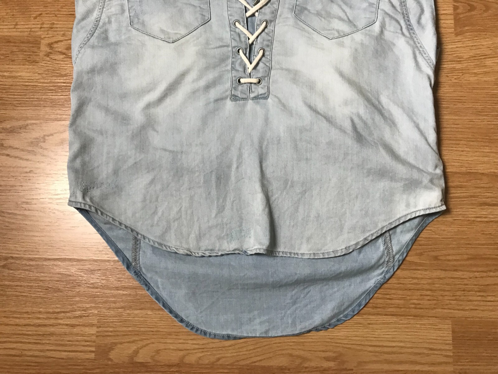 Blanknyc Chambray Shirt Womens S Lace Up Collared Flap Pockets Distressed