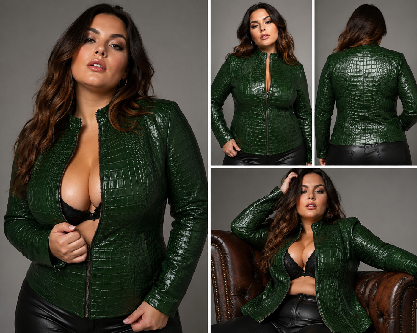 Women’s Plus Size Green Croc Embossed Genuine Leather Fitted Moto Jacket
