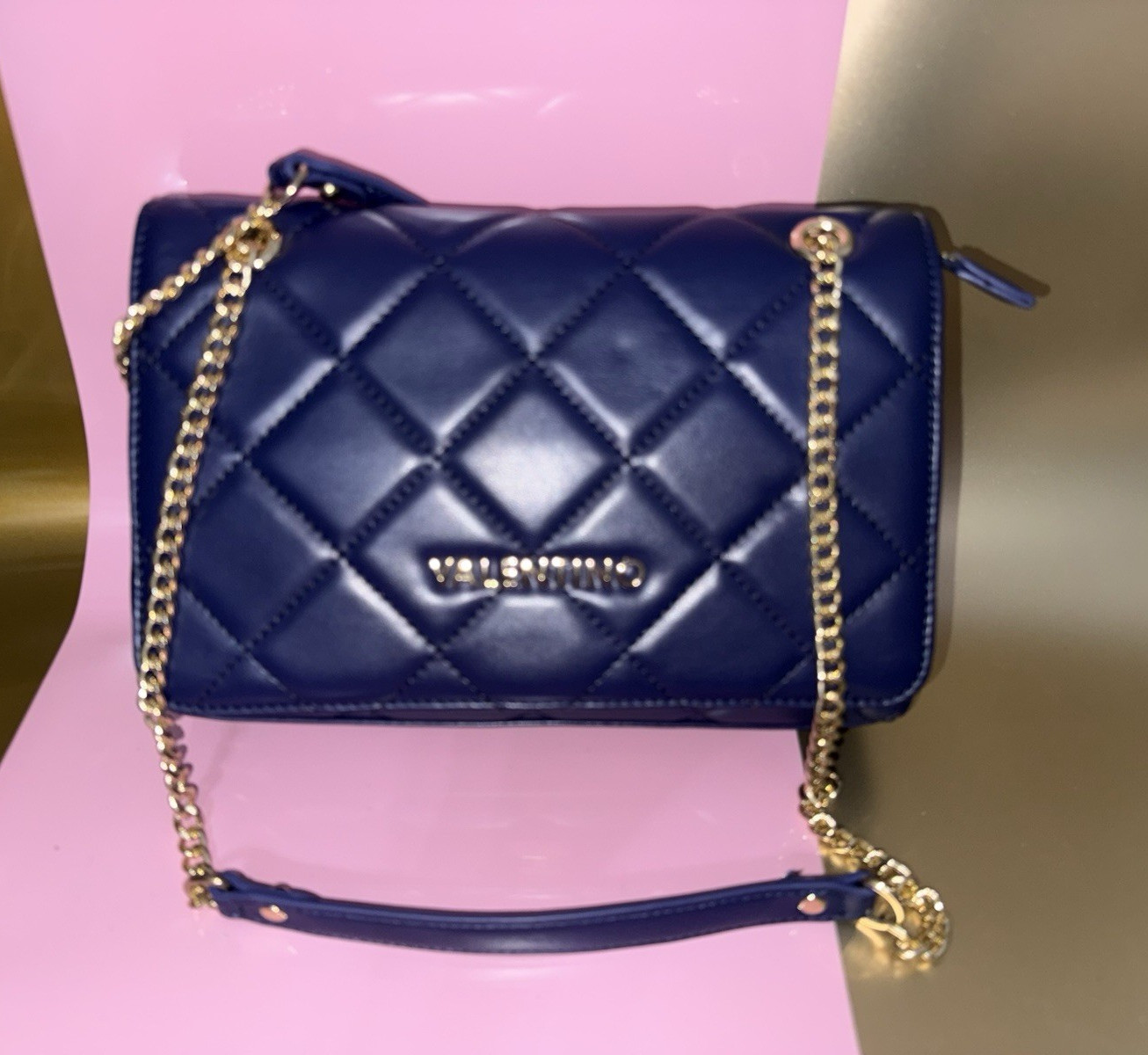 Mario Valentino Blue Small Crossbody Bag Gold Chain Strap Turn Lock Zip