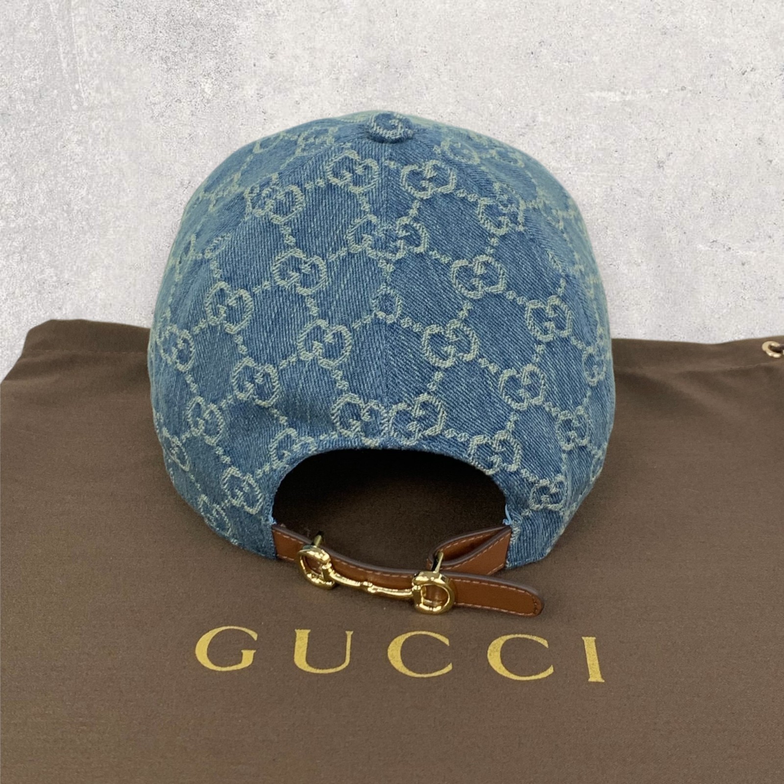 Gucci GG Monogram Logo Horsebit-Detailed Leather Denim Baseball Cap Blue Size M