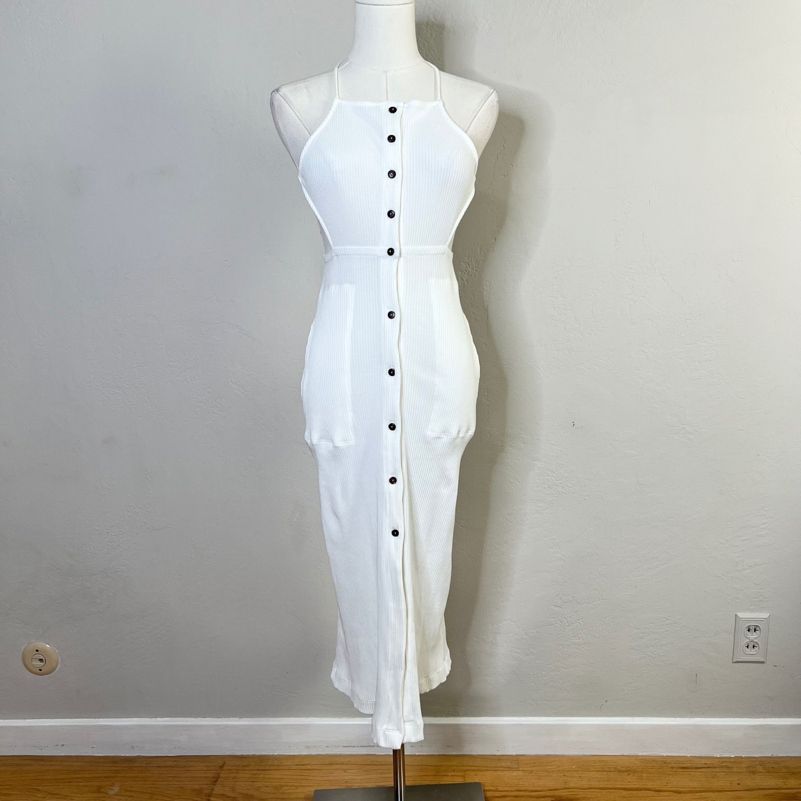 Free People Beach Dress Margaret Midi Size XS Ivory Ribbed Halter Button NEW