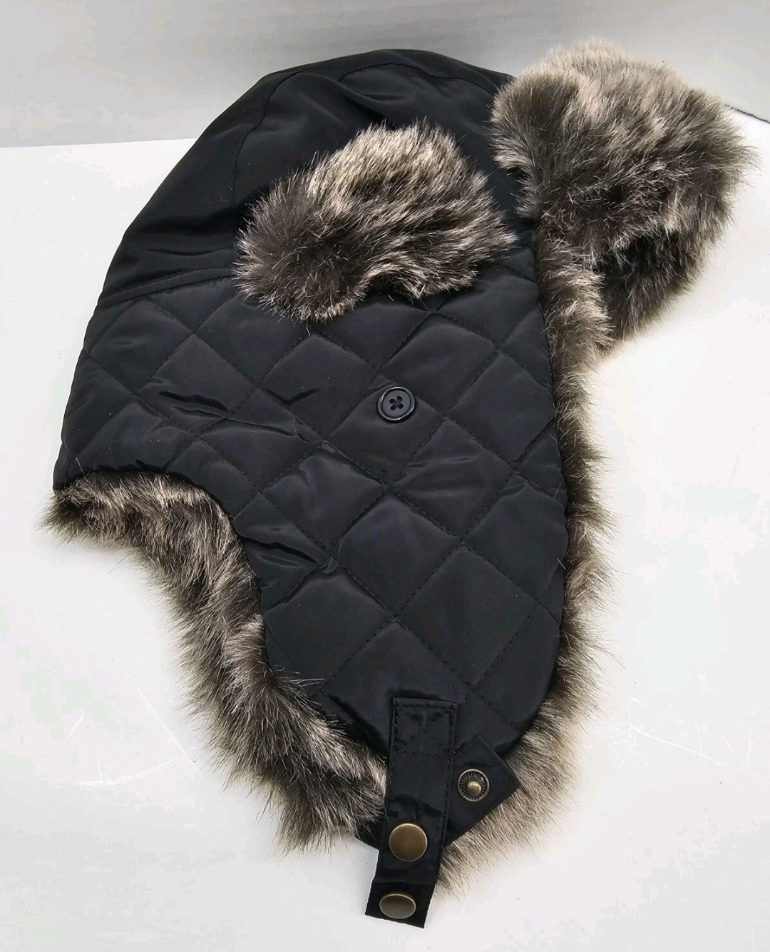 Trapper Hat Genuine Fur Trim Quilted Black with Brown Fur One Size