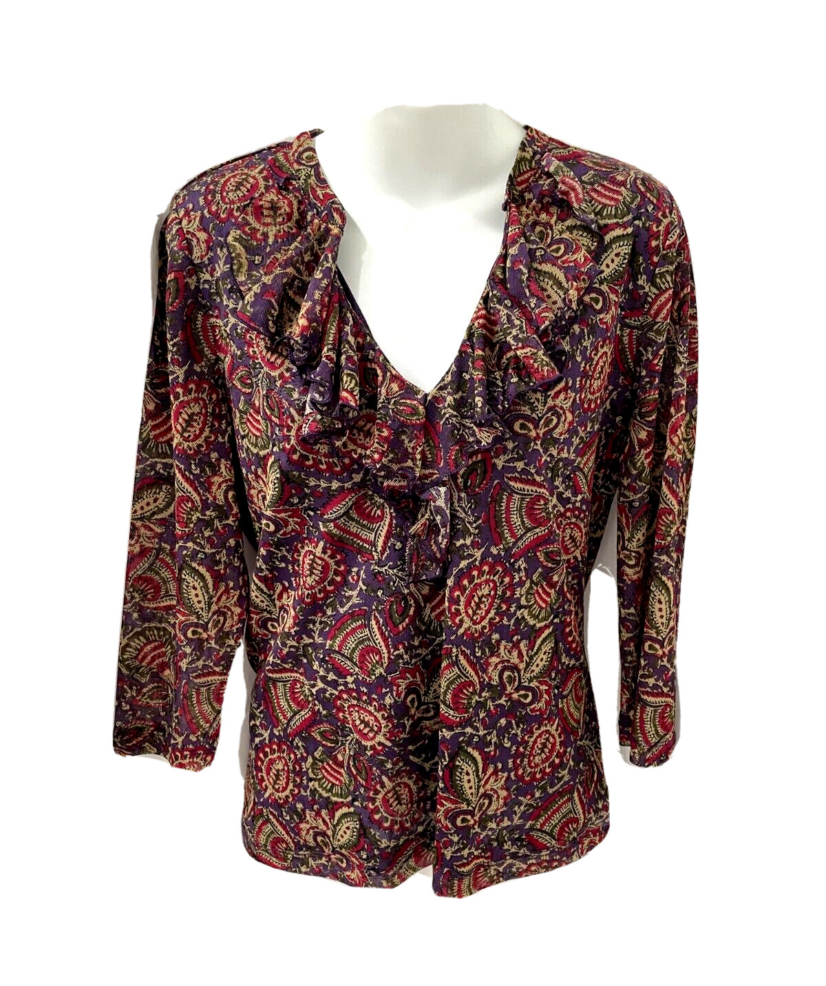 Chaps Blouse Large Purple Pink Beige Mesh Paisley Ruffle V-Neck Pullover Top