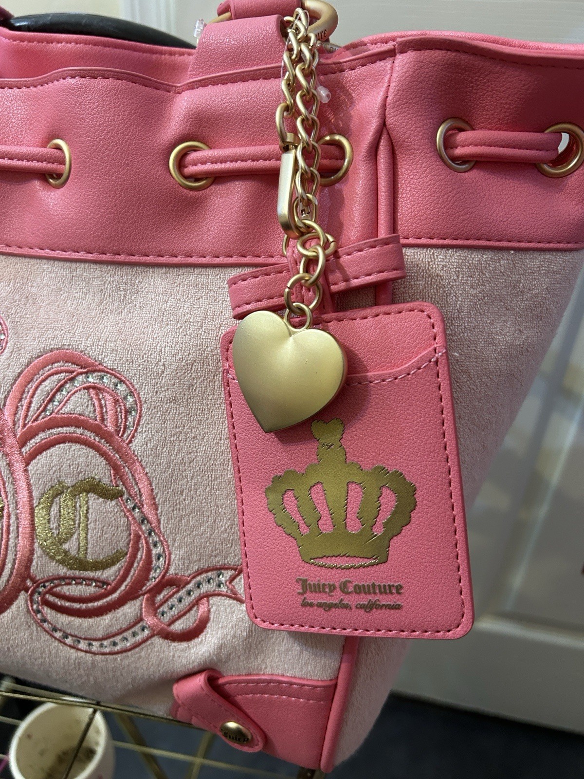 Juicy Couture Pink Logo Tote Shoulder Bag Bow Heart Charm Drawstring Gold