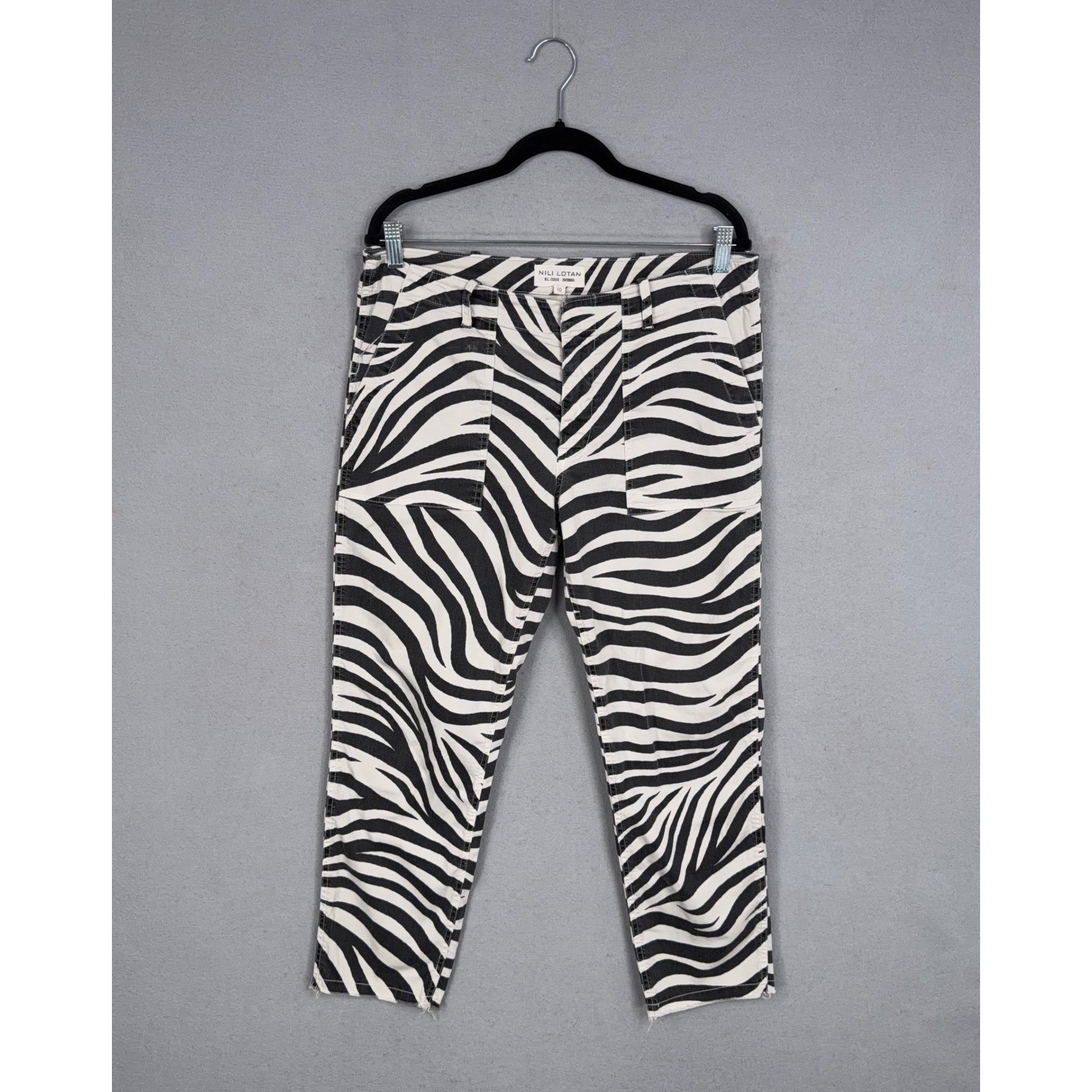 Nili Lotan Pants Women 10 White Black Zebra Print Stretch Utility Crop Chic