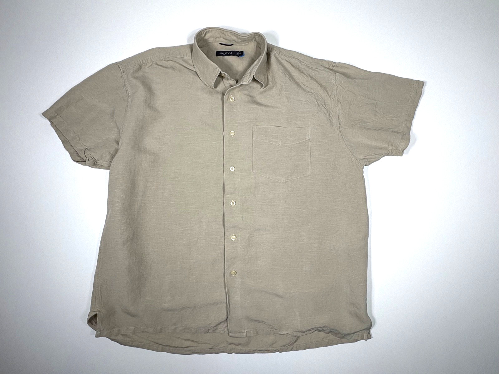 Nautica button down shirt Mens XL tan lightweight Linen blend Short Sleeve