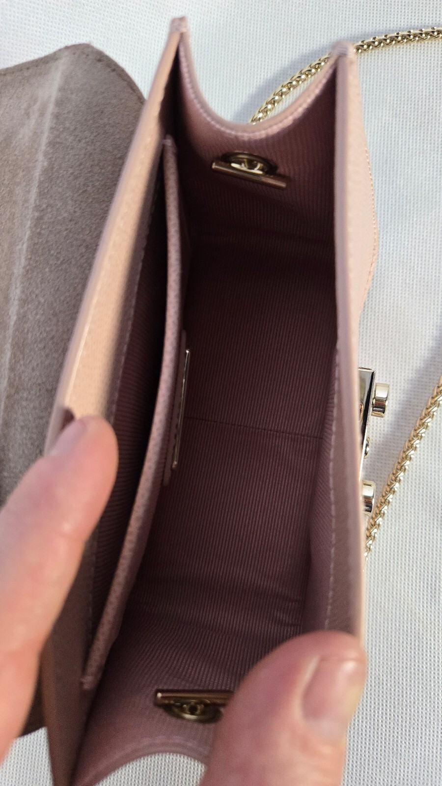 FURLA Metropolis Mini Crossbody Bag Pale Pink Ares Leather Gold Chain Italy