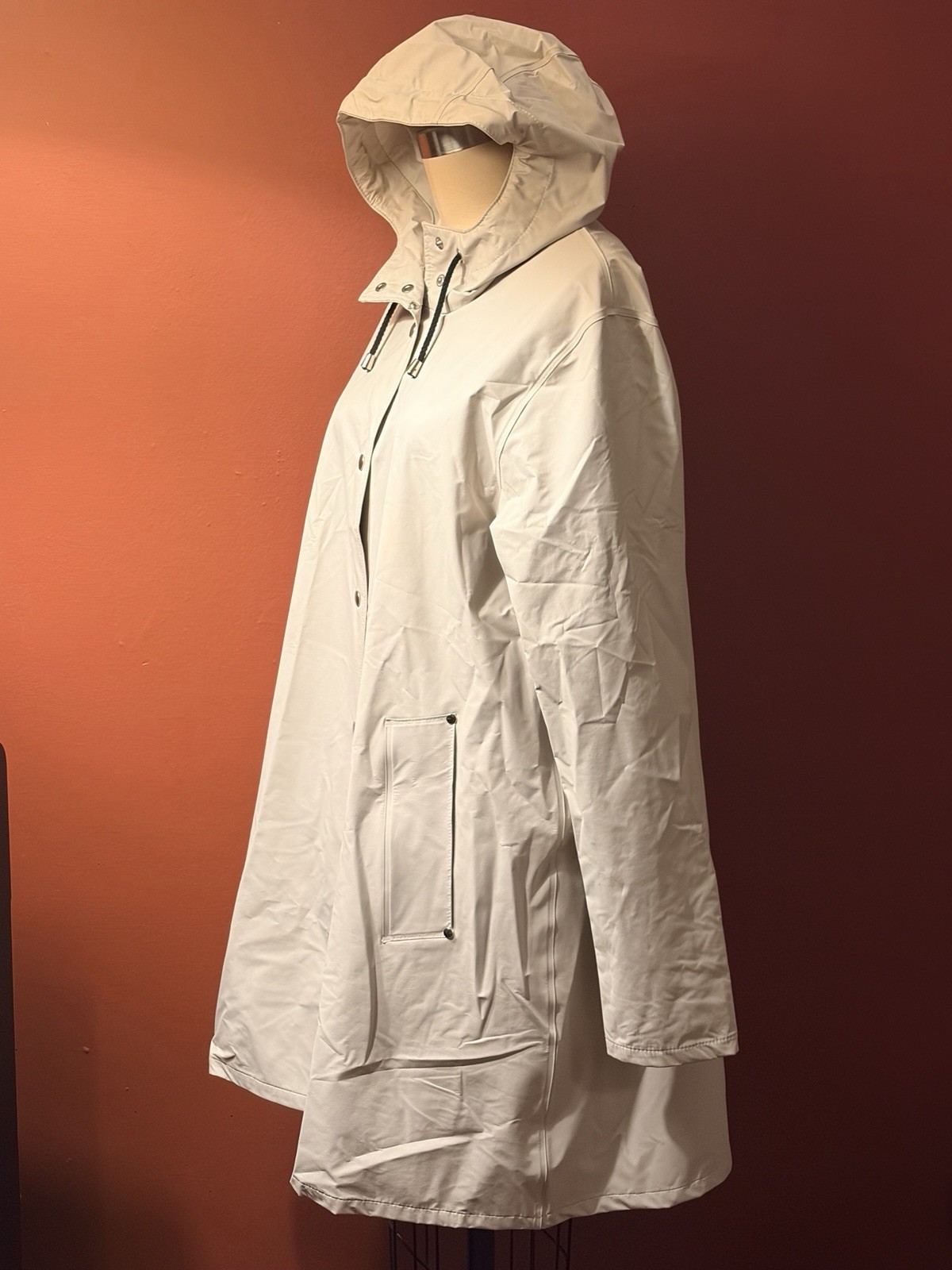 Stutterheim Raincoat Off-White Beige Hooded Waterproof Jacket Unisex Size S Flaw