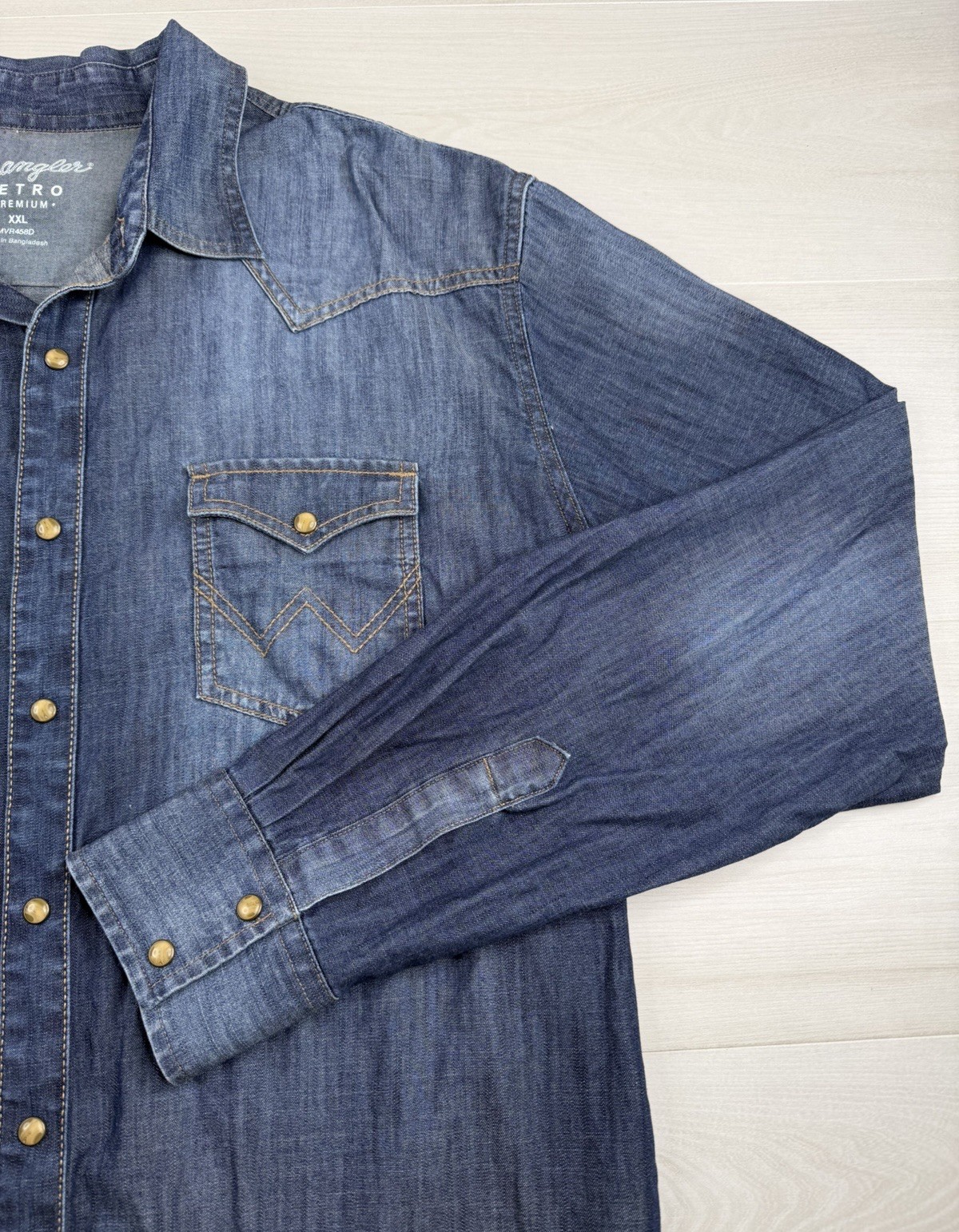 Wrangler Retro Denim Pearl Snap Shirt Blue Faded Western Lightweight Mens 2XL