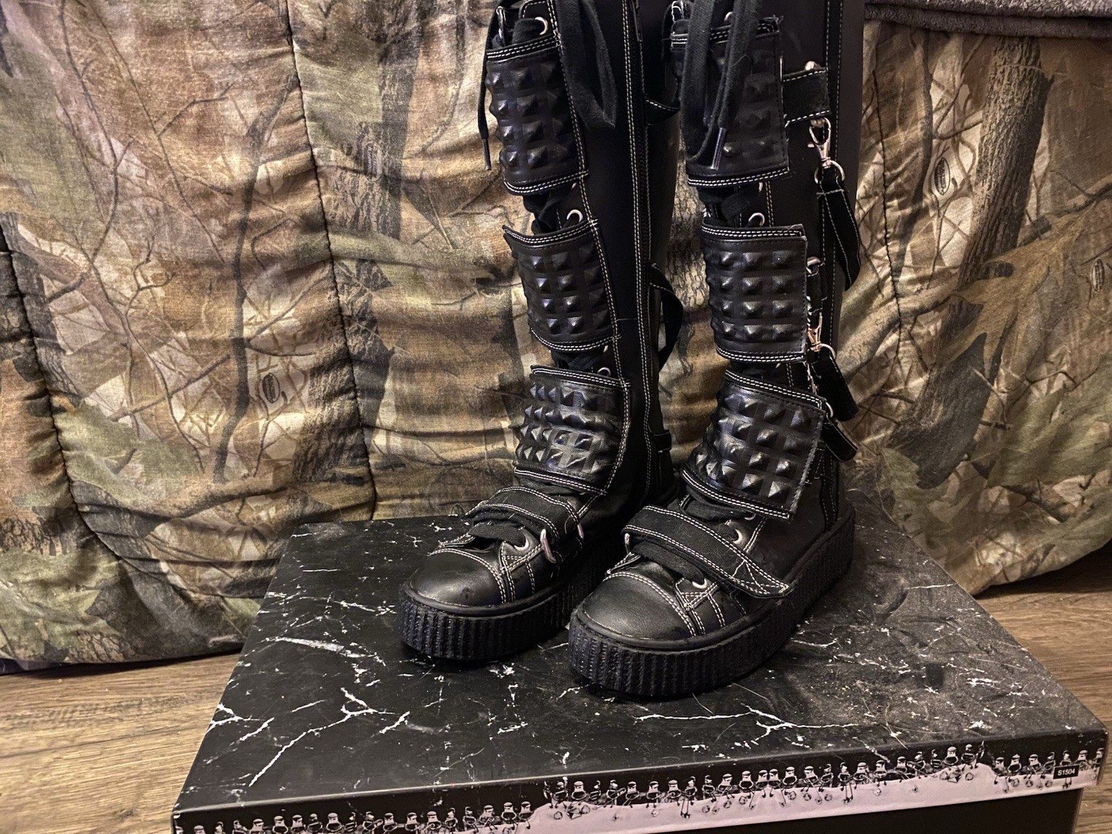 Demonia Women’s Black Knee High Combat Platform Boots Lace-Up Buckle Studs Zip 5