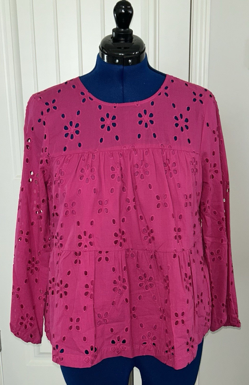 J.Crew Fuchsia Eyelet Peasant Blouse, Size M, Pre-Owned