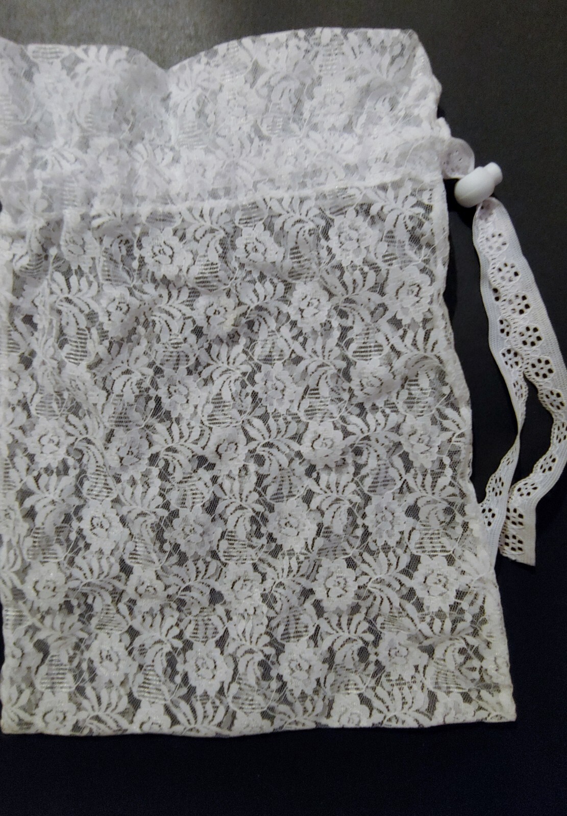 White Lace Bag Pouch w/ Drawstring  9 1/2″ x 12 1/2” overall – made in Thailand