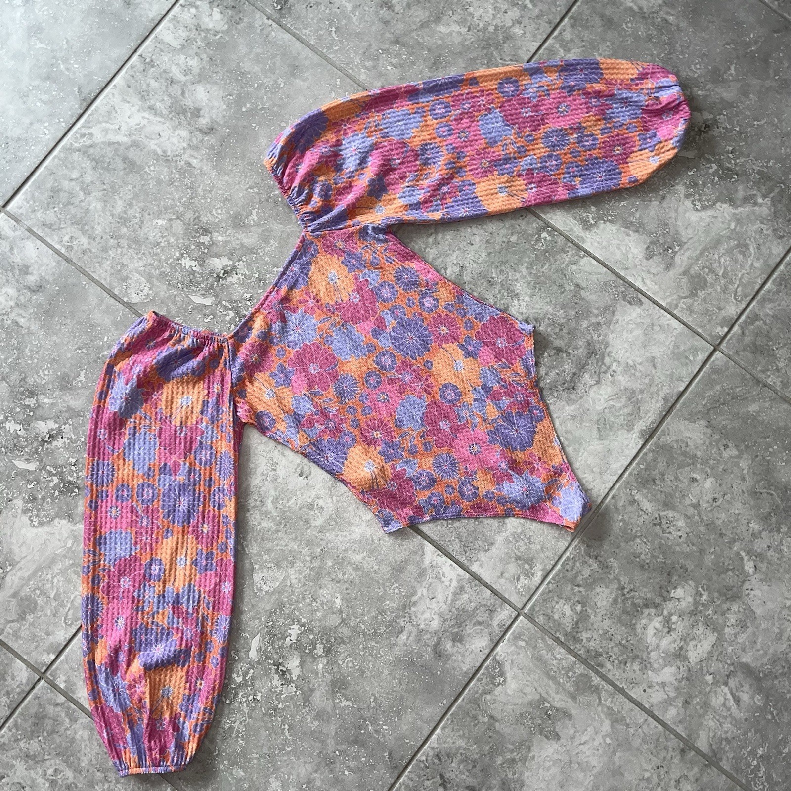 Pink Lily Balloon Sleeve Thong Bodysuit Top Pink Floral Hippie 90s Boho New S