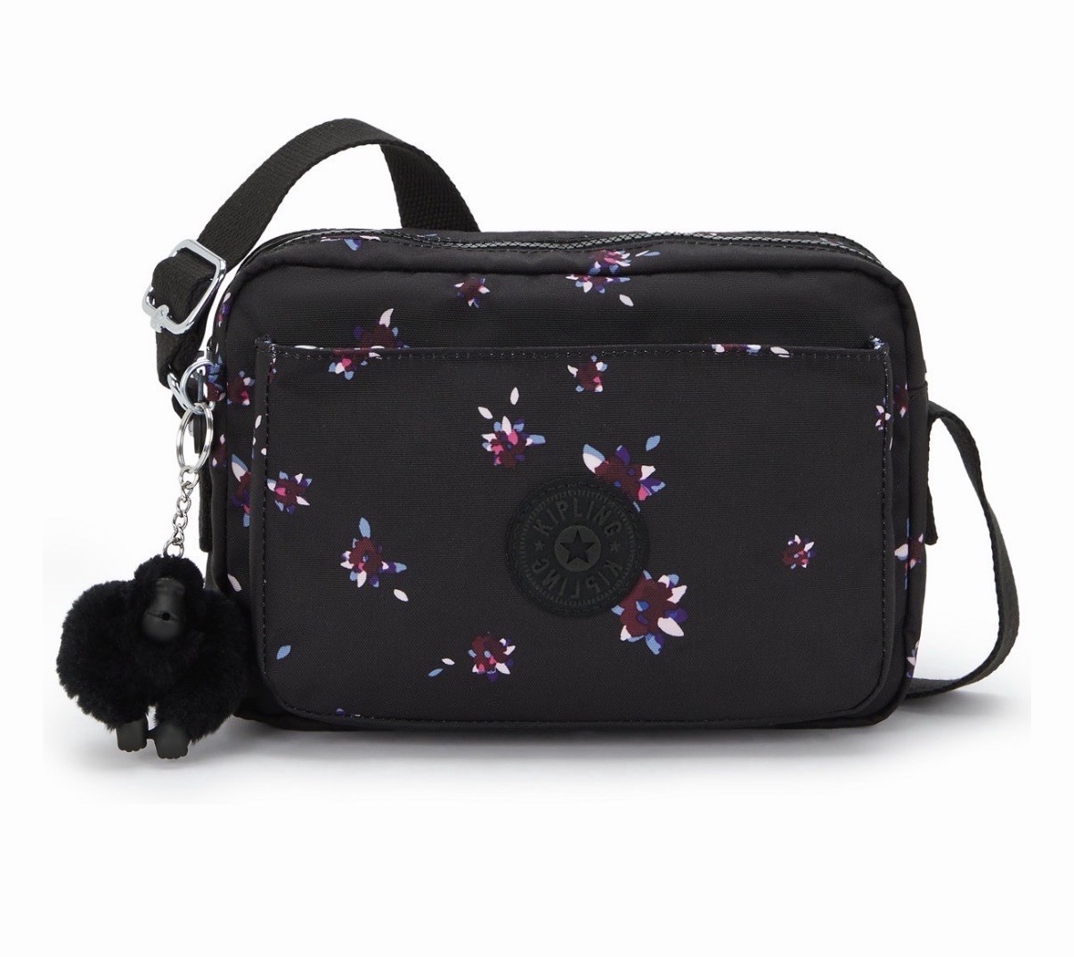 Kipling Floral Crossbody Bag Black Multicolor Zip Adjustable Strap Monkey Charm