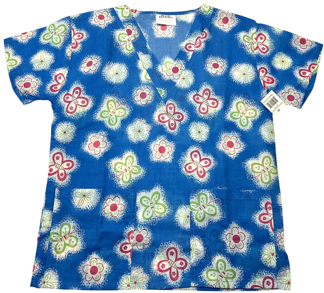 Print Scrub Top Womens (S) Blue Butterfly Two Pockets Lightweight Medical NWT