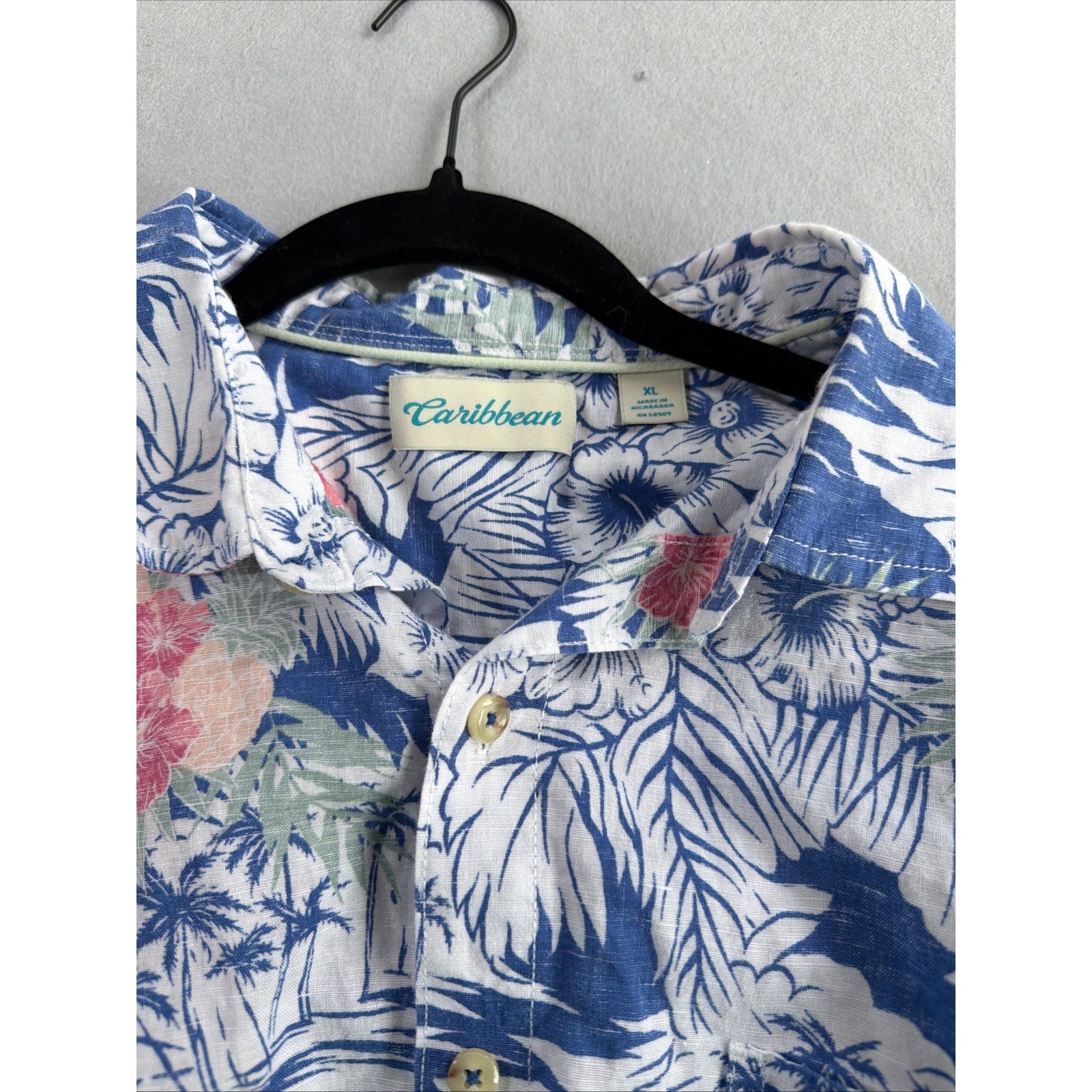 Caribbean Mens XL Linen Cotton Tropical Hawaiian Shirt Pineapple Hibiscus Blue