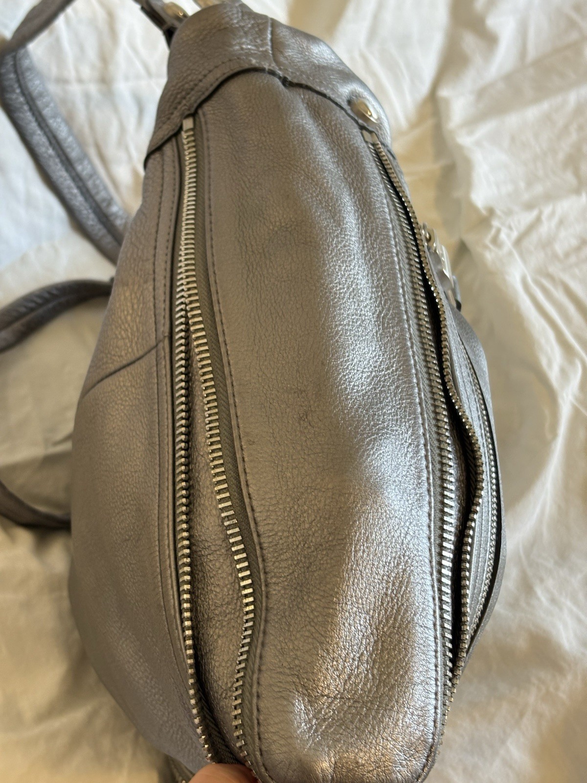 B Makowsky Large Metallic Silver Shoulder Leather Shoulder Bag